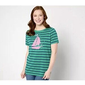 Quacker Factory Women's Top Sweater XL Polka Party Green Preppy Nautical Coastal